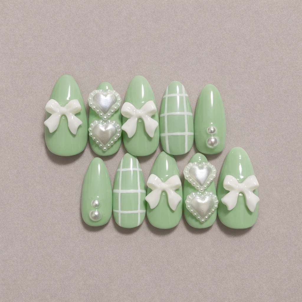 Mint Ribbon ミントグリーン リボン パール ハート ネイルチップ