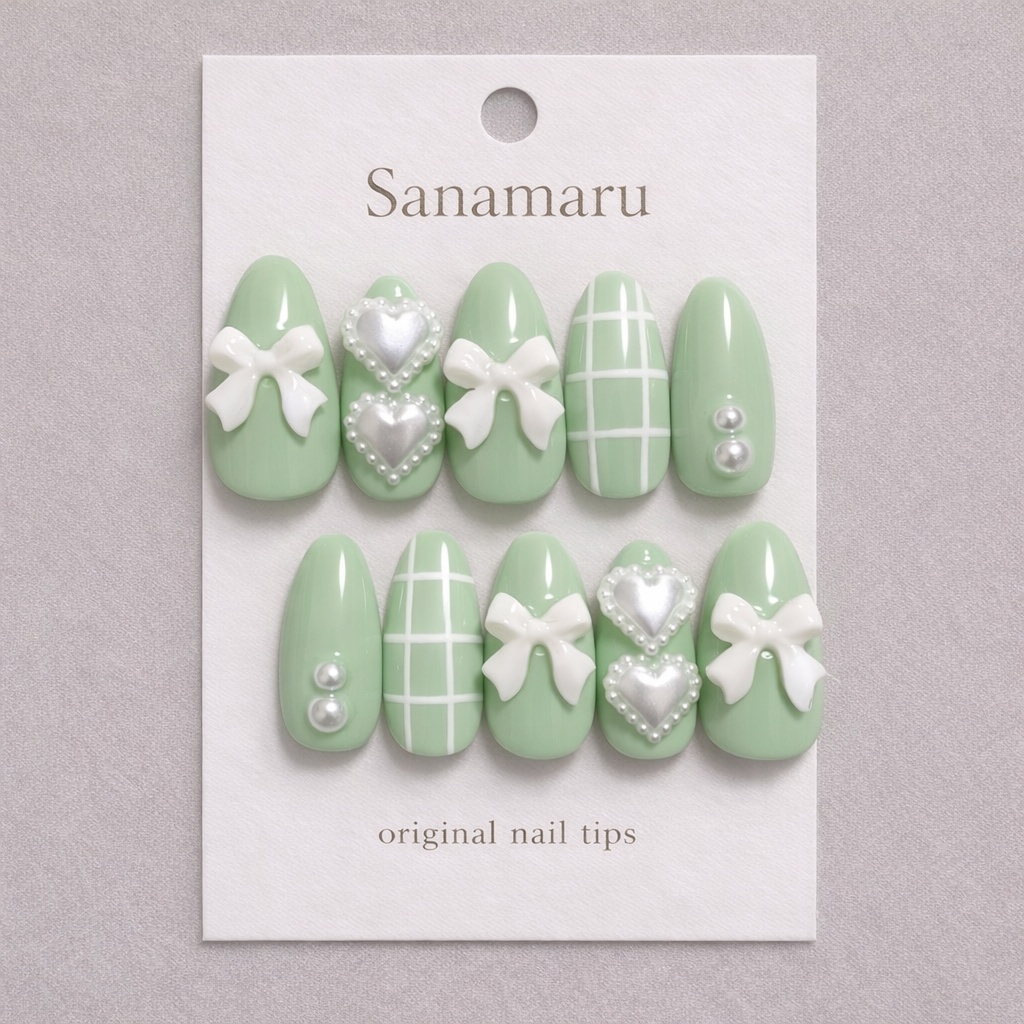 Mint Ribbon ミントグリーン リボン パール ハート ネイルチップ