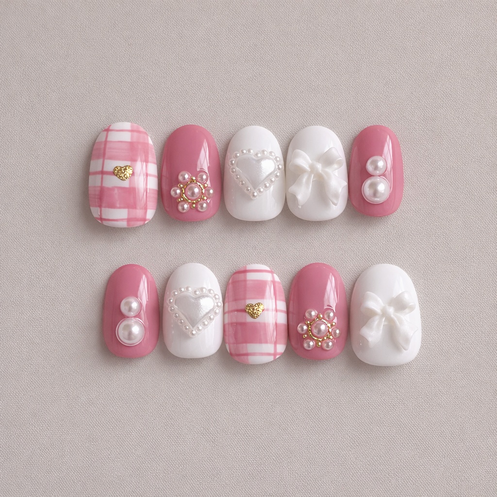 Rosy Heart ピンクチェック リボン パール ハート ネイルチップ
