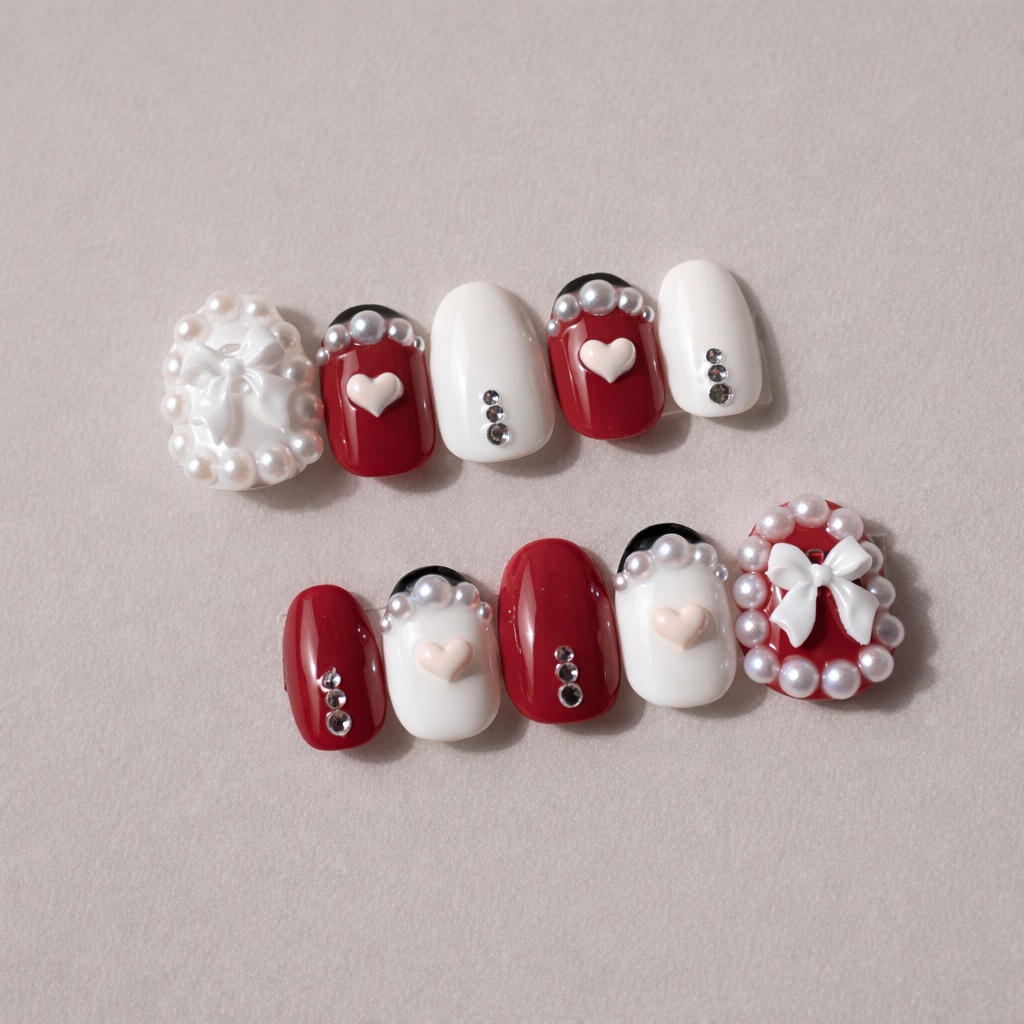 Bordeau × Ribbon ボルドー パール リボン ハート ネイルチップ