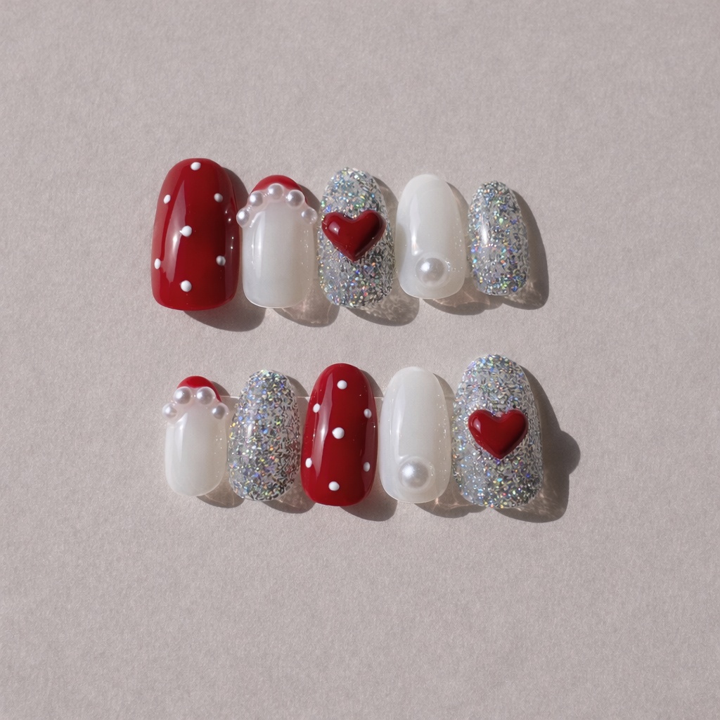Cherry Sparkle レッド シルバーラメ ハート ネイルチップ
