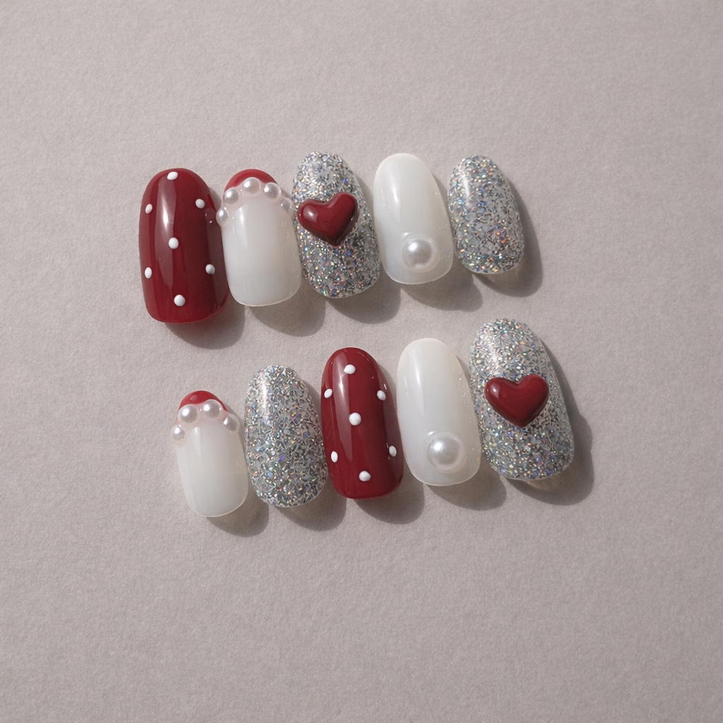 Cherry Sparkle レッド シルバーラメ ハート ネイルチップ