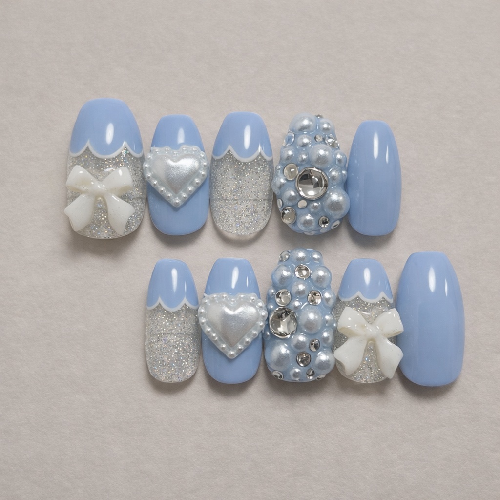 Ice Princess ベビーブルー パール ハート リボン ビジュー ネイルチップ