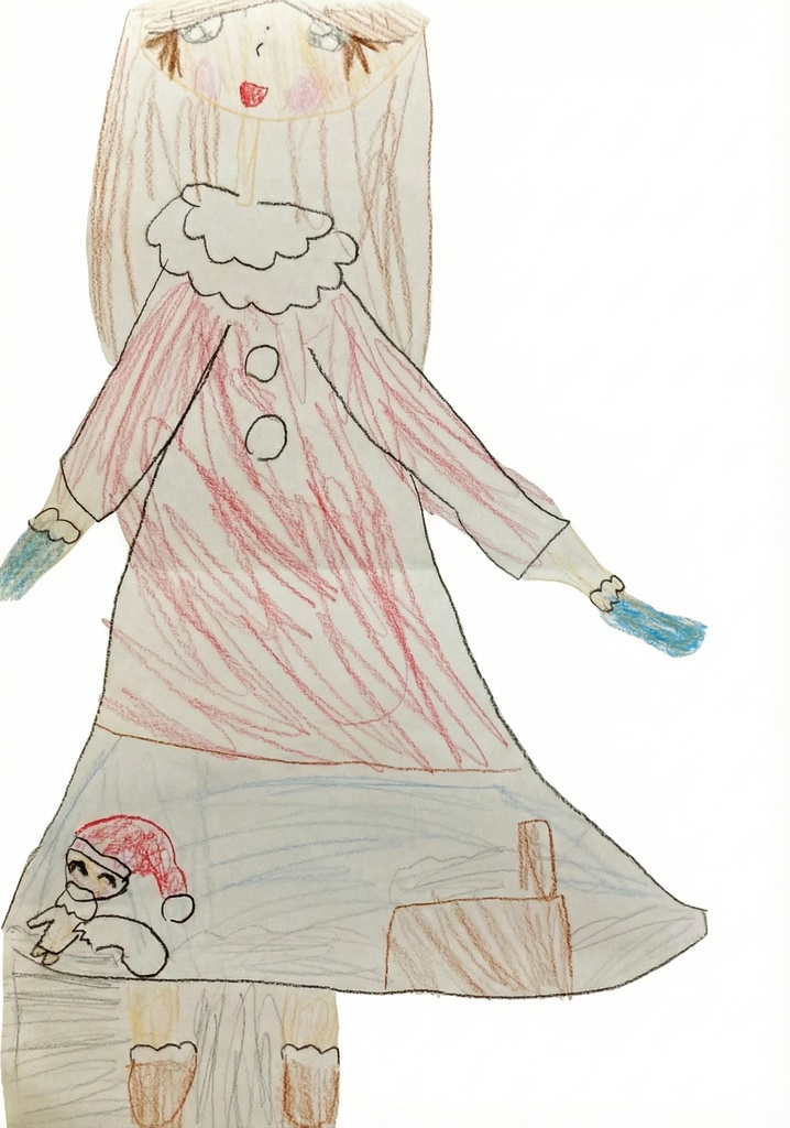 【商用利用可】子供の絵の手書き素材：サンタ服の女の子とスカートの小さなサンタ（背景ありPNG/高解像度）