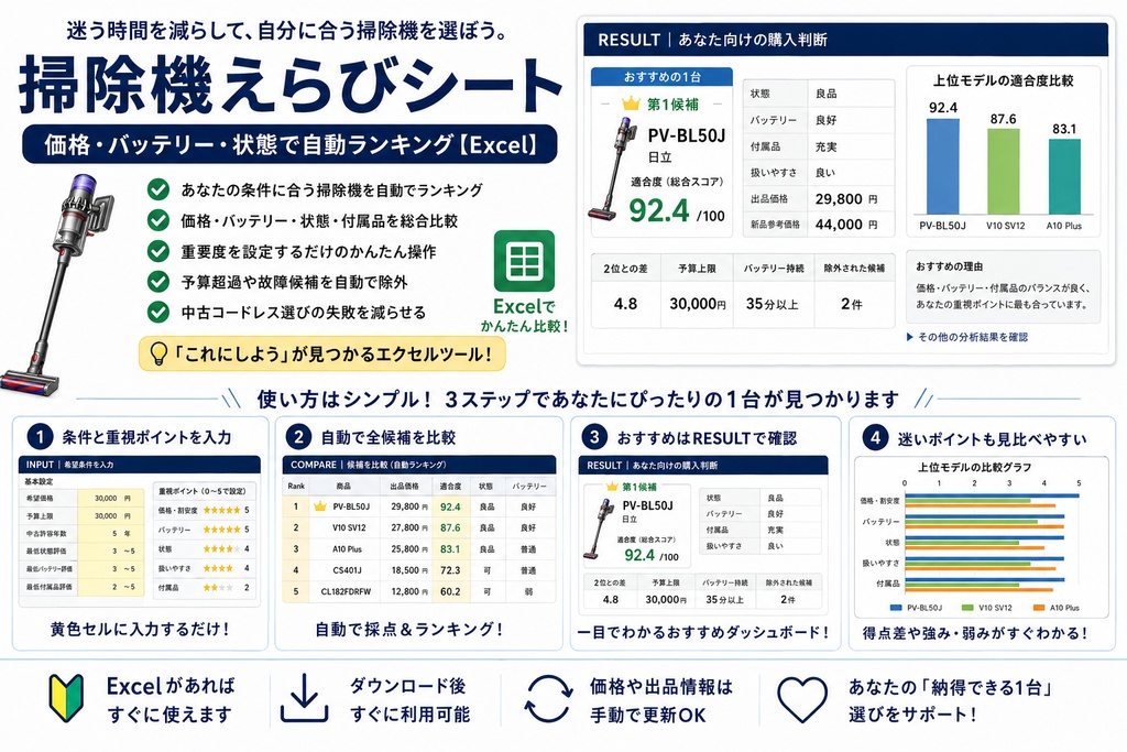 掃除機えらびシート｜予算・バッテリー・使いやすさで自動ランキング【Excel】
