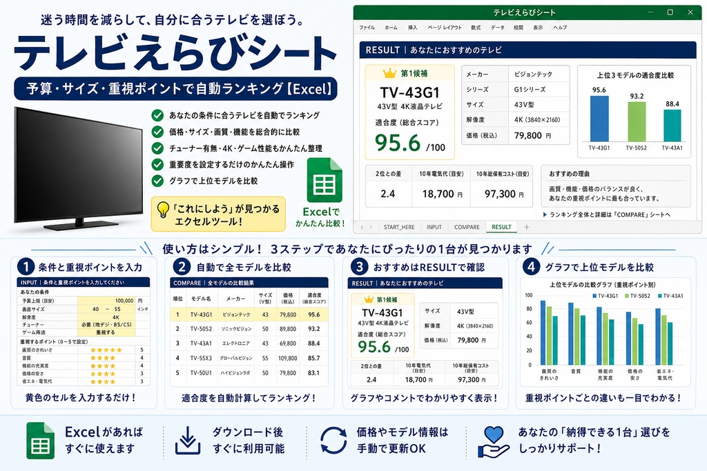 テレビえらびシート｜予算・サイズ・重視ポイントで自動ランキング【Excel】