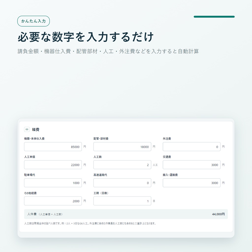一人親方・小規模エアコン工事業者向け 現場利益計算ツール|機器仕入・材料費・人工・外注費から粗利益・利益率を自動計算