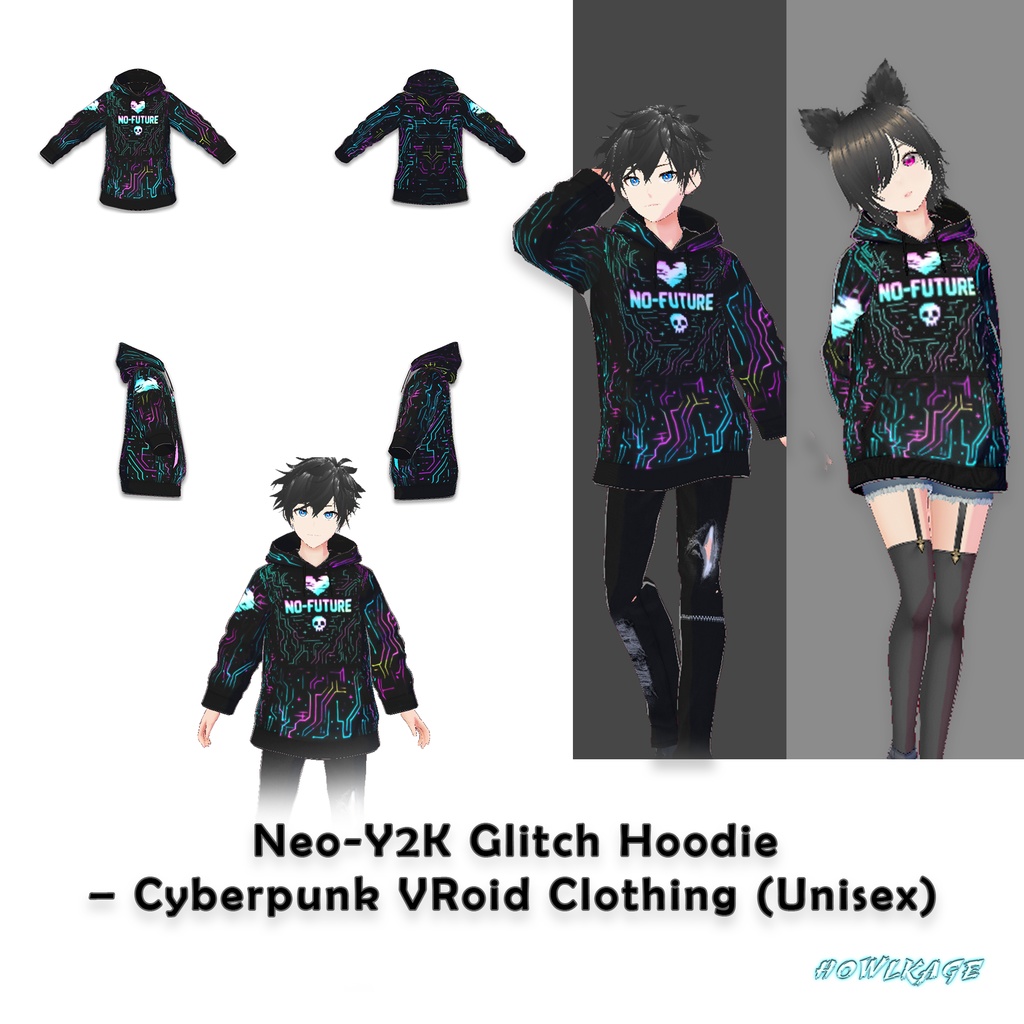 [FREE] Neo-Y2K Glitch Hoodie – Cyberpunk VRoid Clothing (Unisex)