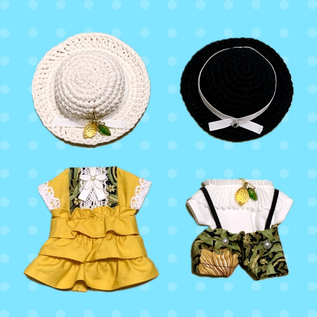 ぬい服｜レモダンなワンピースドレス•サロペット+帽子（13〜16cm）｜編み物　ぬいぐるみ服　ニット