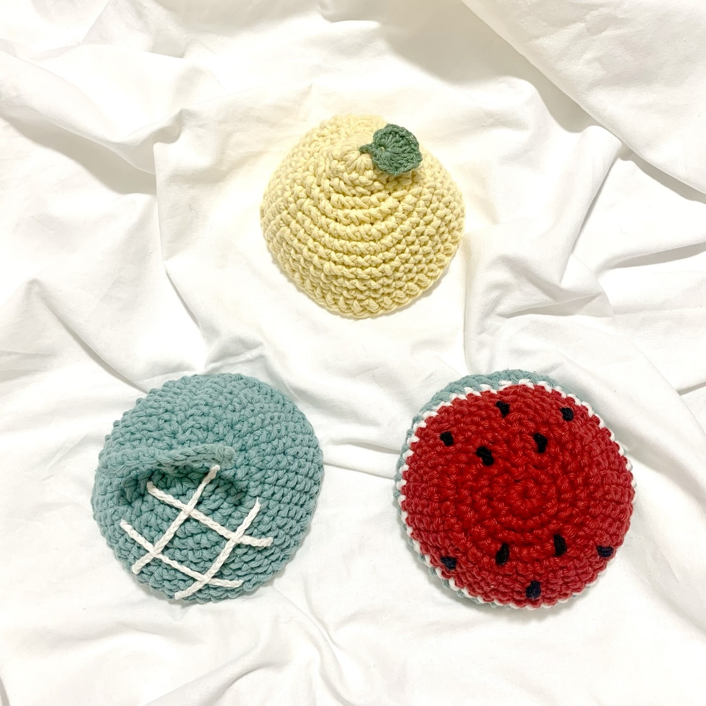 ぬい服|10cm 12cm 15cm 16cm|フルーツのコットンお帽子(レモン•メロン•すいか)|編み物 ぬいぐるみ服 ニット