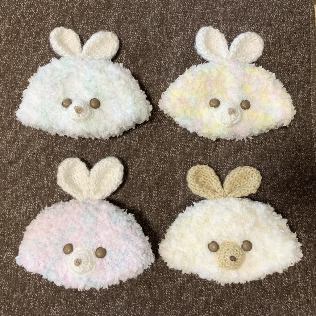 ぬい服|15cm 16cm|マシュマロうさぎ帽子|編み物 ぬいぐるみ服 ニット スイーツ ふわふわ もこもこ ニット パステル 春 リボン