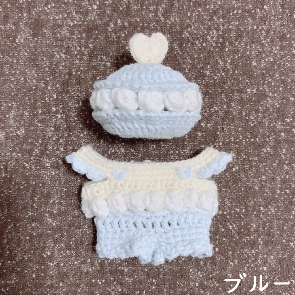 ぬい服|13cm 15cm 16cm|マカロンセット(帽子+サロペット)|編み物 ぬいぐるみ服 ニット スイーツ フルーツ パステル ケーキ 夢色