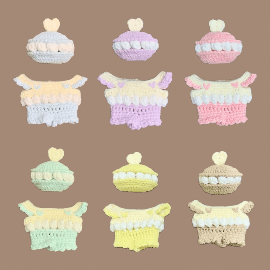 ぬい服|13cm 15cm 16cm|マカロンセット(帽子+サロペット)|編み物 ぬいぐるみ服 ニット スイーツ フルーツ パステル ケーキ 夢色