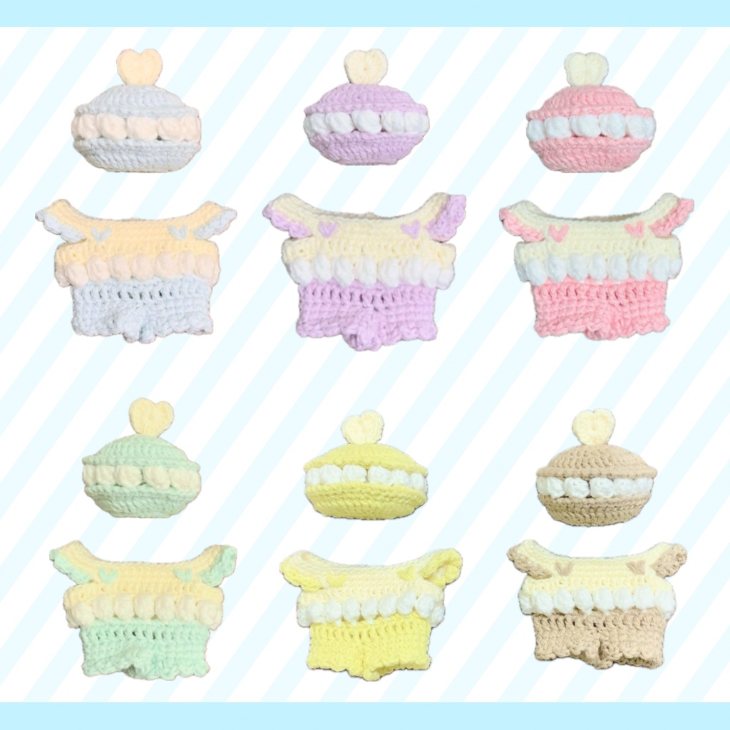 ぬい服｜13cm 15cm 16cm｜マカロンセット（帽子+サロペット）｜編み物　ぬいぐるみ服　ニット　スイーツ　フルーツ　パステル　ケーキ　夢色