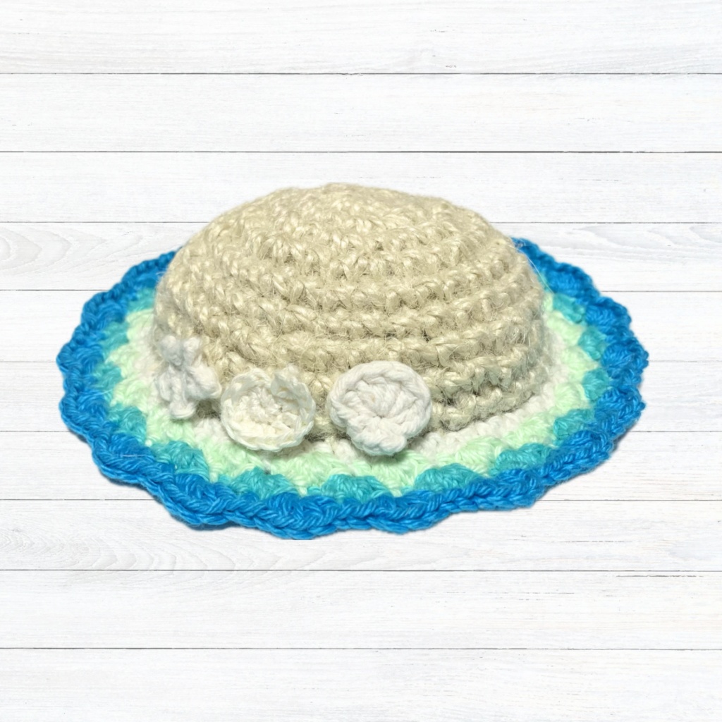 ぬい服|10cm〜16cm|海の麦わら帽子|編み物 ぬいぐるみ服 ニット シェル 夏 貝 ブルー グリーン ミント ピンク オレンジ