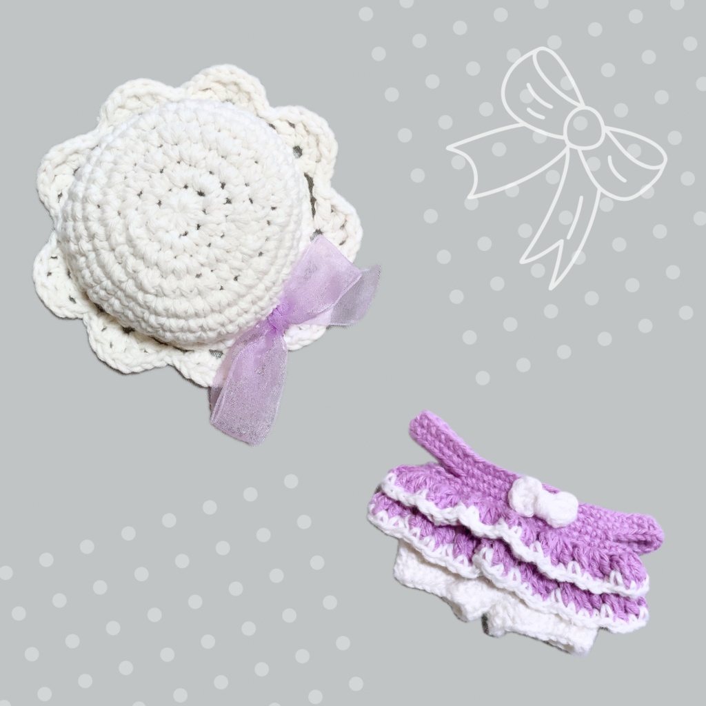 ぬい服|10cm 15cm 16cm|フリルリボンサロペット+帽子のセット|編み物 ぬいぐるみ服 ニット 夏 ブルー ミント グリーン 海 イエロー ピンク ラベンダー パープル