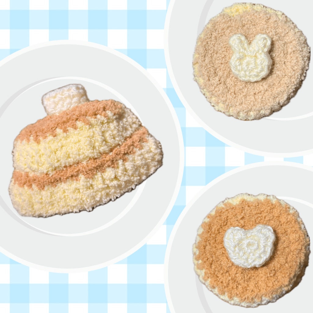 ぬい服|10cm 12cm 14cm|パンケーキ・ホットケーキのお帽子|ぬいぐるみ服|編み物|13cm ニット イエロー ベージュ ブラウン 茶 黄 もこもこ ふわふわ くま うさぎ スイーツ