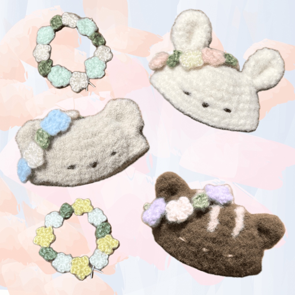 ぬい服|花冠のどうぶつ帽子|くま りす うさぎ 花かんむり 10cm 12cm 13cm 14cm 15cm 16cm ホワイト ベージュ ブラウン ふわふわ もこもこ ニット ぬいぐるみ服 フラワー