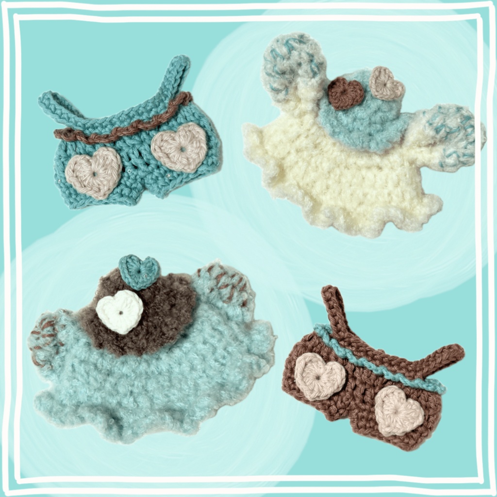 ぬい服|10cm〜14cm|チョコミントアイスの帽子•サロペット(くま・うさぎ)|12cm 13cm 15cm スイーツ パステル ふわふわもこもこ ケーキ ニット ぬいぐるみ服 ハート グリーン ブラウン ベージュ