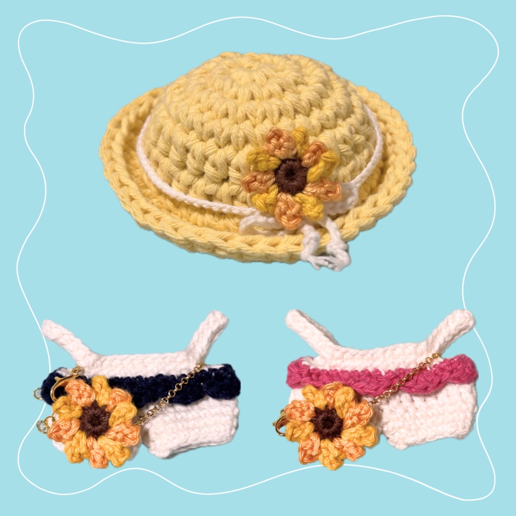 ぬい服｜10cm 11cm 12cm 13cm 14cm 15cm｜ひまわりのサロペットセット（帽子・ポシェットバッグ）｜編み物　ぬいぐるみ服　ニット　花　フラワー　夏　ライトブルー　デニム　水色　イエロー　グリーン　麦わら風帽子　ぬい