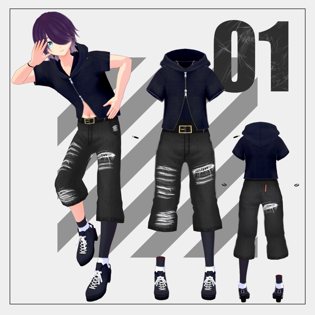 【4/19まで100円】ダブルジップ半袖パーカー【VRoid】