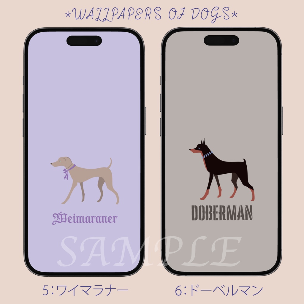 犬のスマホ壁紙6枚セット(柴犬/ビションフリーゼ/ダックスフント/プードル/ワイマラナー/ドーベルマン)