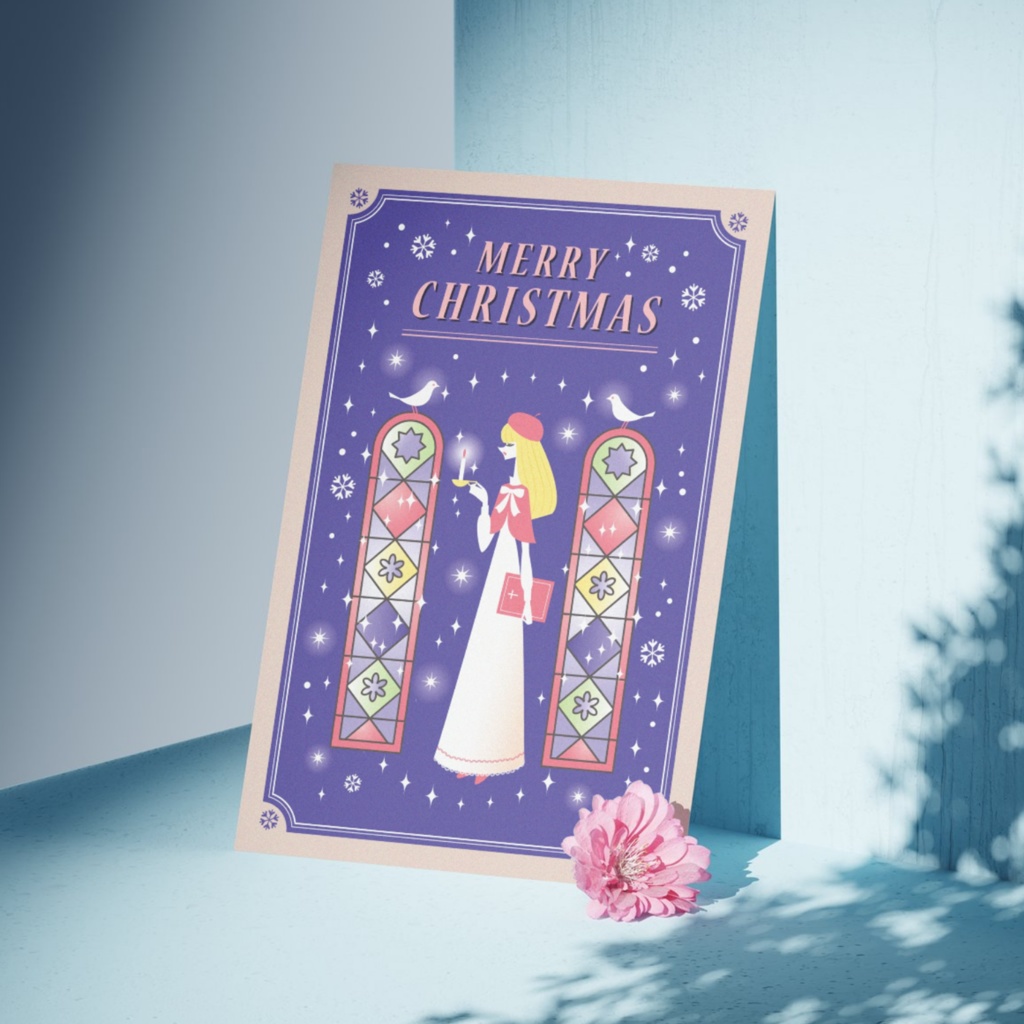 クリスマスカード2枚セット/ハガキサイズデータ/レトロ絵本&シール風