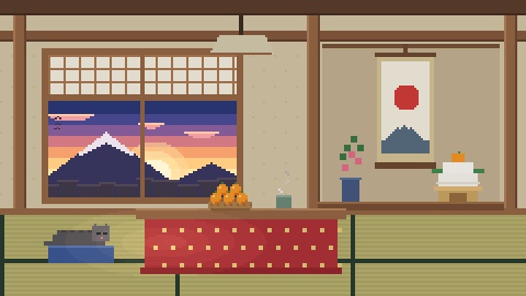 【4K・60秒ループ】ドット絵のお正月の和室 3種(初日の出・雪の夜・月夜)【配信背景・待機画面】