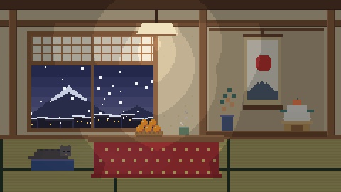 【4K・60秒ループ】ドット絵のお正月の和室 3種(初日の出・雪の夜・月夜)【配信背景・待機画面】