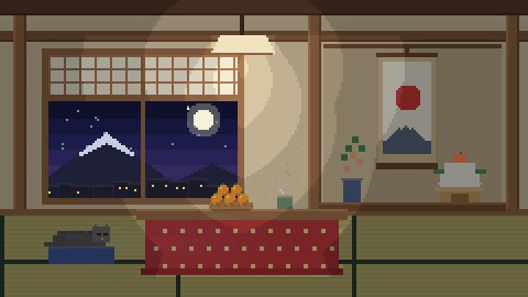 【4K・60秒ループ】ドット絵のお正月の和室 3種(初日の出・雪の夜・月夜)【配信背景・待機画面】