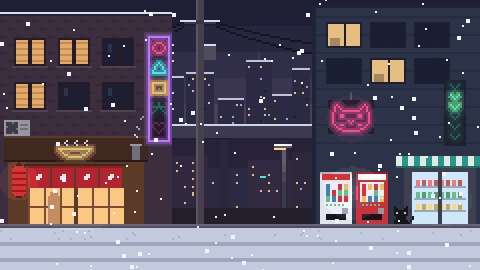 【4K・60秒ループ】ドット絵のネオン街 3種(雨・雨上がり・雪の夜)【配信背景・待機画面】
