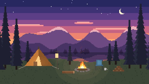 【4K・60秒ループ】ドット絵の星空のキャンプ 3種(夕暮れ・星空・雪の夜)【焚き火・配信背景・待機画面】