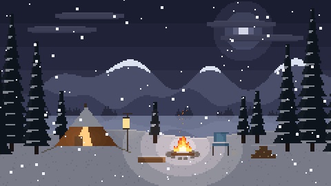 【4K・60秒ループ】ドット絵の星空のキャンプ 3種(夕暮れ・星空・雪の夜)【焚き火・配信背景・待機画面】