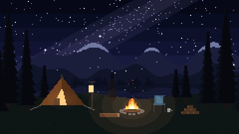 【4K・60秒ループ】ドット絵の星空のキャンプ 3種(夕暮れ・星空・雪の夜)【焚き火・配信背景・待機画面】