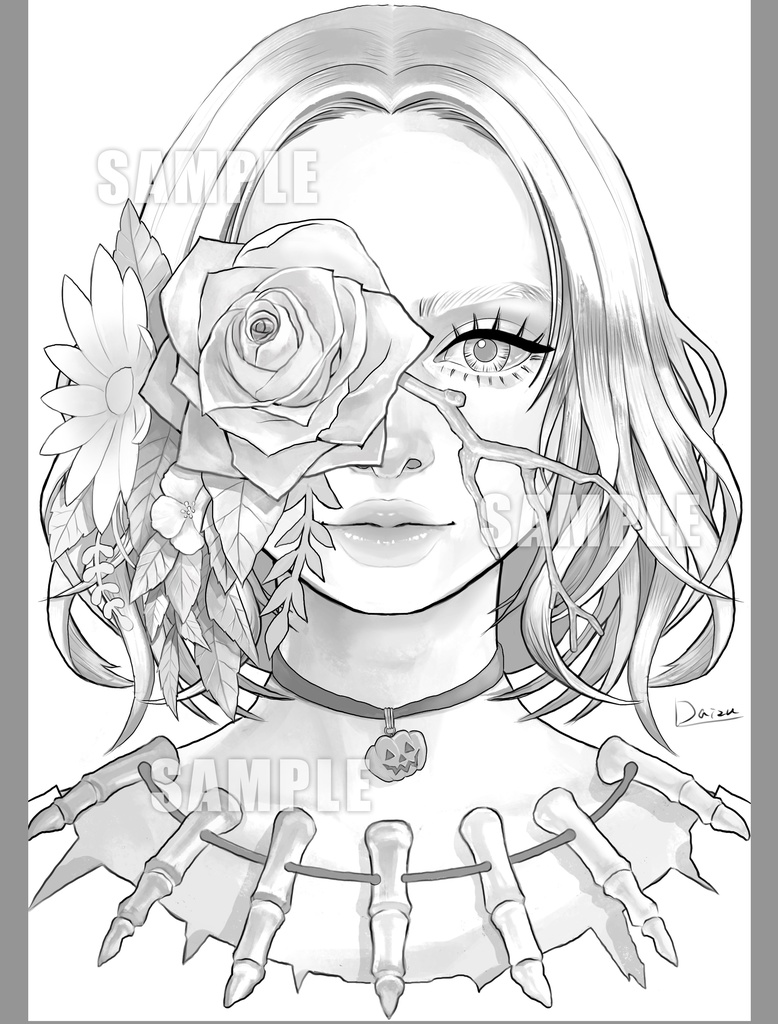 ハロウィン塗り絵セット_花眼帯の少女