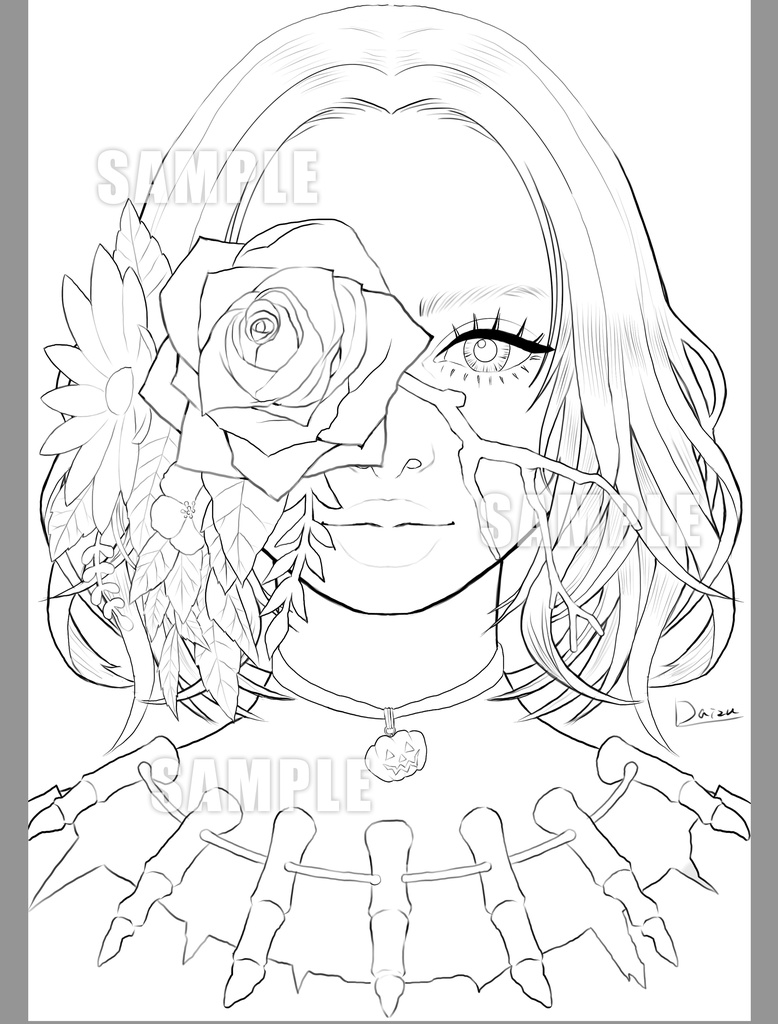 ハロウィン塗り絵セット_花眼帯の少女