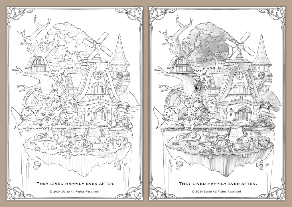 大人の塗り絵『3匹の子豚とオオカミ』