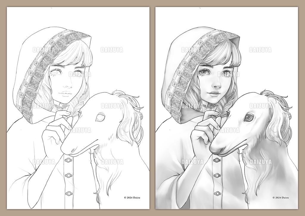 大人の塗り絵『赤ずきんちゃんとボルゾイ』