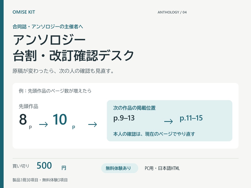 アンソロジー 台割・改訂確認デスク｜原稿差し替え・ページ移動後の再確認【無料体験あり】