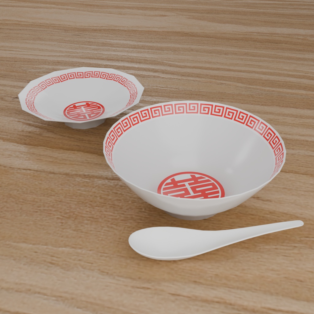 Low Poly Food Props｜中華食器3点セット（ラーメン丼・レンゲ・チャーハン皿）｜ゲーム・VRChat向け3Dモデル｜Blender・FBX対応