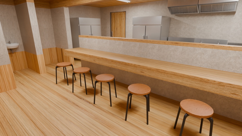 Low Poly Food Props|ラーメン屋 店舗一棟(外観・客席・厨房設備)|3Dモデル|Blender・FBX・OBJ対応
