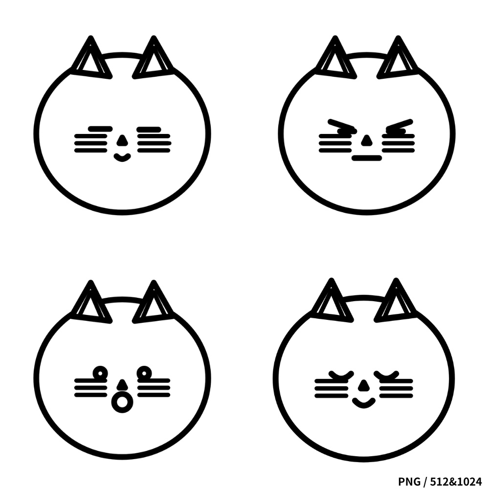 OBS用 配信エモート 透過PNG 猫 4種(512px/1024px)