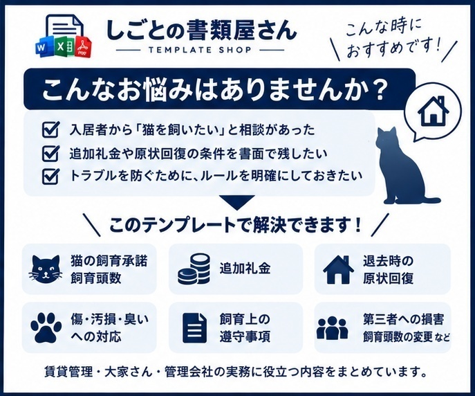 【賃貸管理】猫飼育に関する合意書|ペット飼育承諾・原状回復・追加礼金|Wordテンプレート