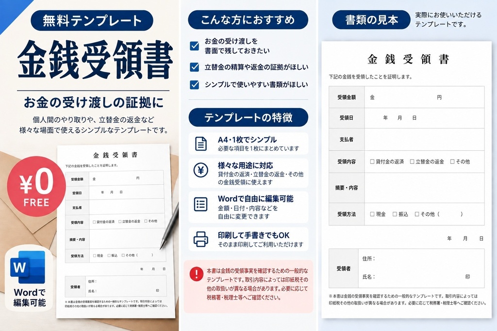 【無料】金銭受領書|お金の受け渡しの証拠に|Wordテンプレート