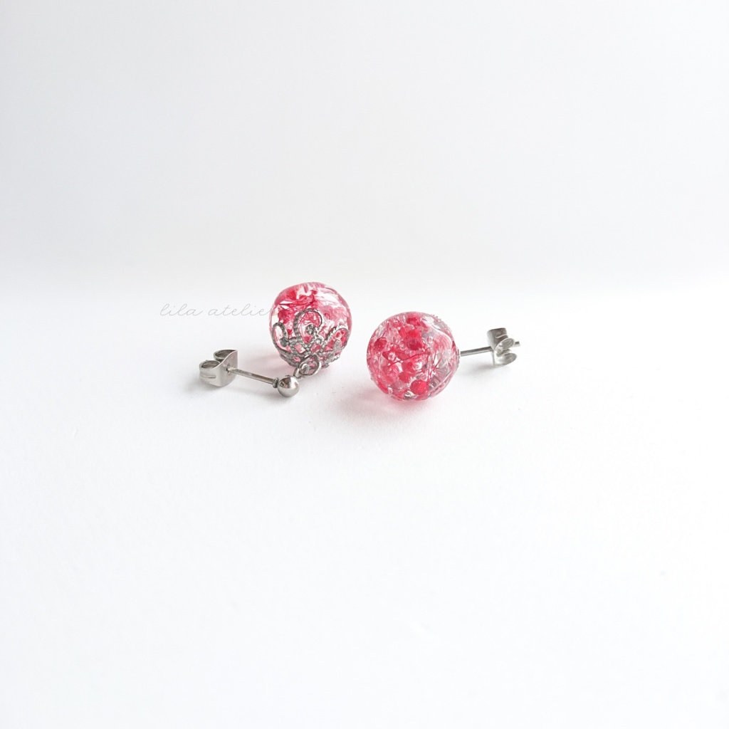 かすみ珠【紅】ピアス/イヤリング(金属アレルギー対応)