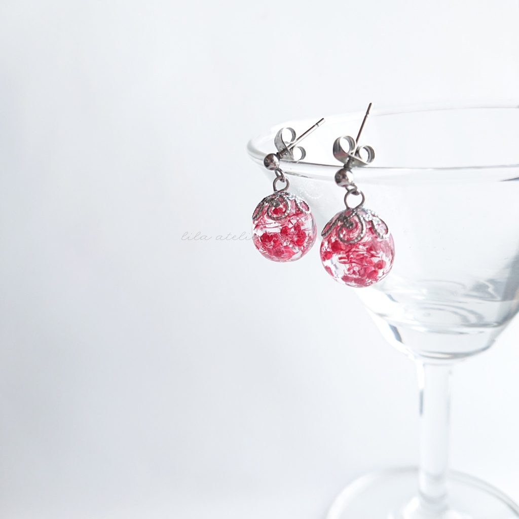 かすみ珠【紅】ピアス/イヤリング(金属アレルギー対応)