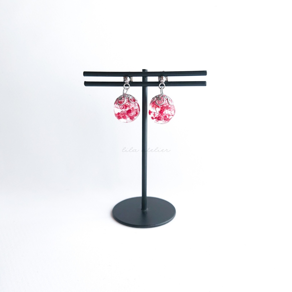 かすみ珠【紅】ピアス/イヤリング(金属アレルギー対応)