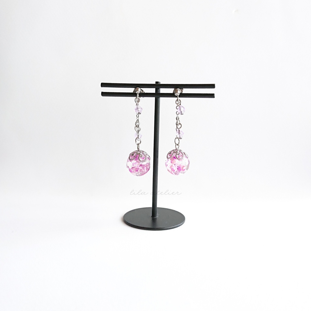 かすみ珠【紫】ロングチェーンピアス/イヤリング(金属アレルギー対応)