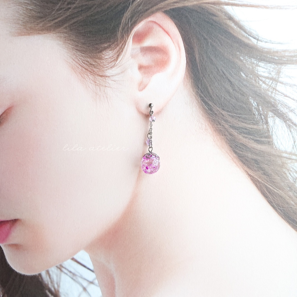 かすみ珠【紫】ロングチェーンピアス/イヤリング(金属アレルギー対応)