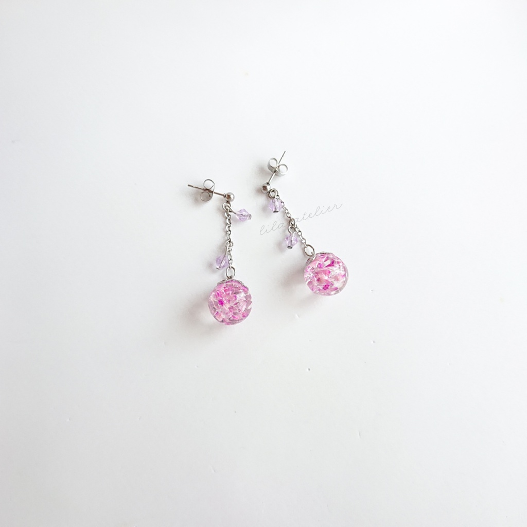 かすみ珠【紫】ロングチェーンピアス/イヤリング(金属アレルギー対応)